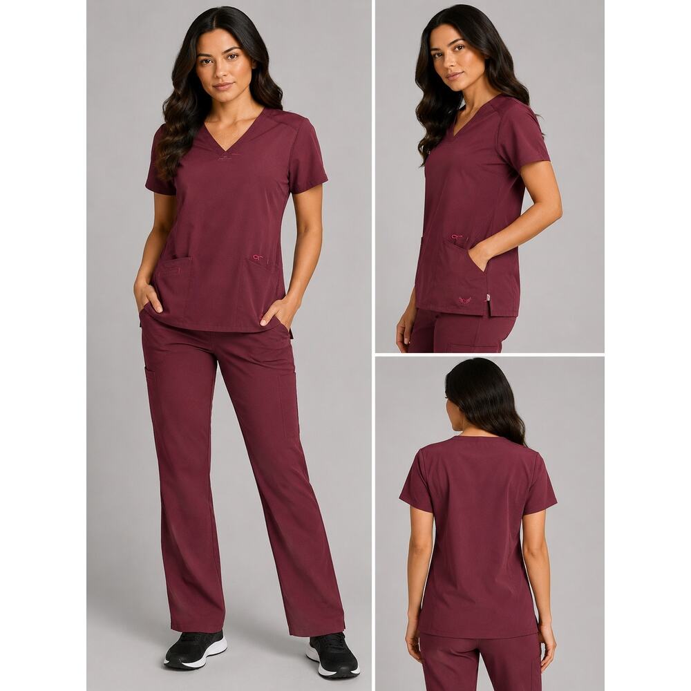 Smitten Burgundy Wine Scrub Top Medium Stretch Medical Nurse Uniform V Neck